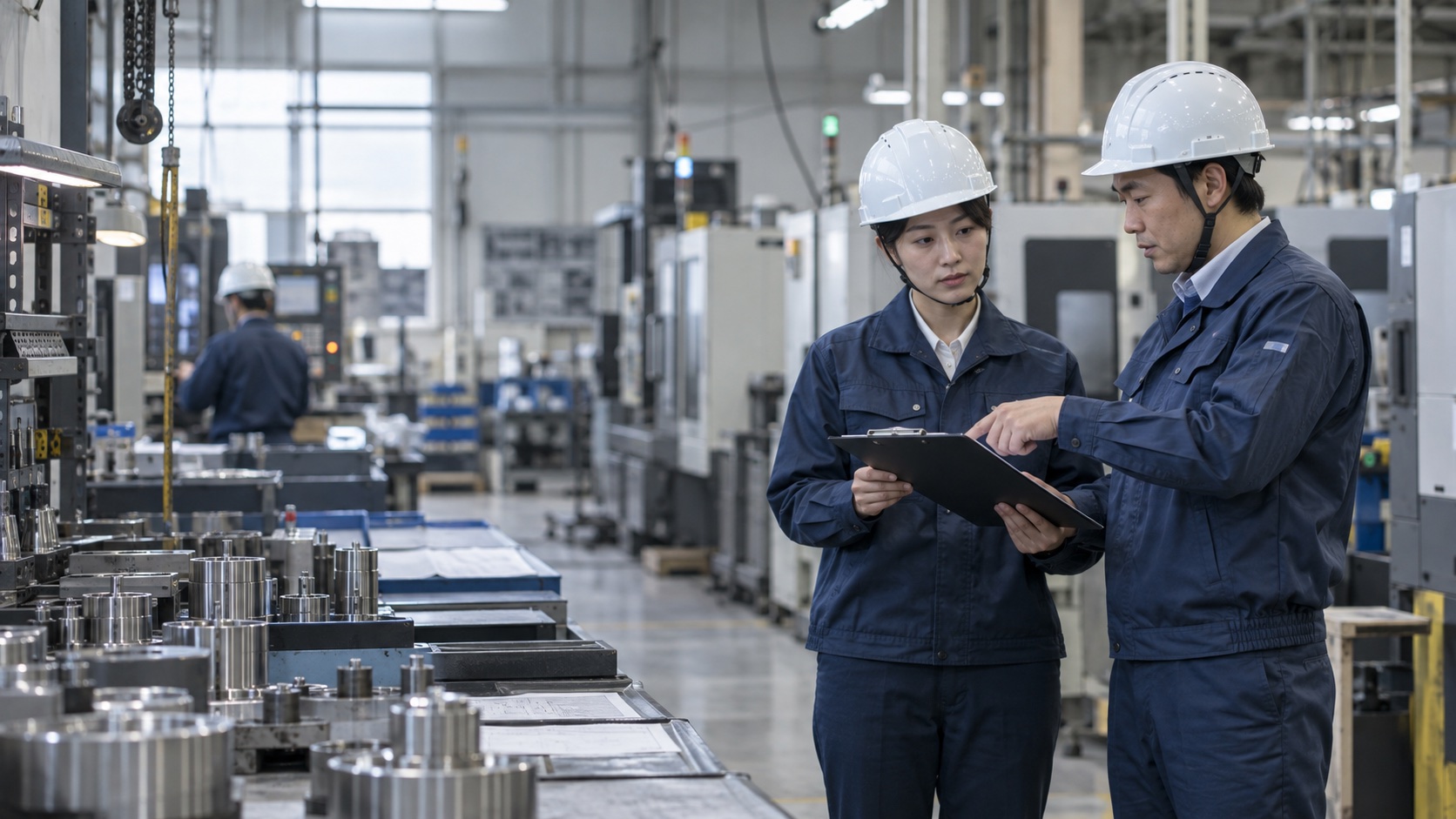 製造現場で工程を確認する日本人スタッフ